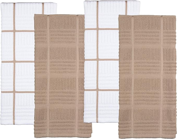 Sticky Toffee Cotton Kitchen Towels Set of 4 – 28x16 in Tan and White Hand Towels, Reusable and Absorbent Tea Towels for Drying or Cleaning, Oeko-Tex Cotton