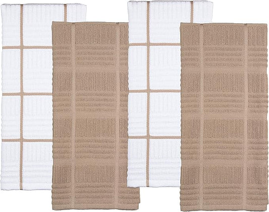 Sticky Toffee Cotton Kitchen Towels Set of 4 – 28x16 in Tan and White Hand Towels, Reusable and Absorbent Tea Towels for Drying or Cleaning, Oeko-Tex Cotton