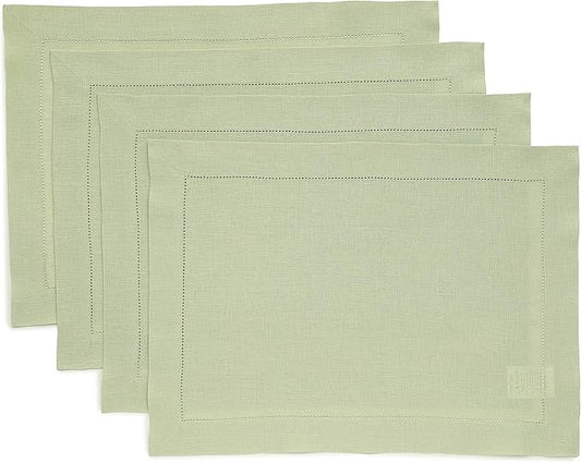 Solino Home Linen Placemats Set of 4 - Classic Hemstitch Sage Green Placemats 14 x 19 Inch - 100% Pure Linen Table Mats for Fall, Autumn, Thanksgiving, Christmas, Winter