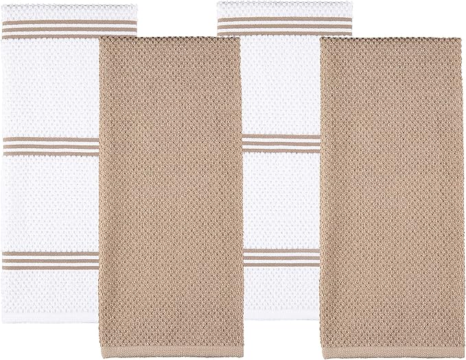 Sticky Toffee Cotton Kitchen Towels Set of 4 – 28x16 in Tan and White Dish Towels, Reusable and Absorbent Tea Towels for Cleaning or Drying, Oeko-Tex Cotton