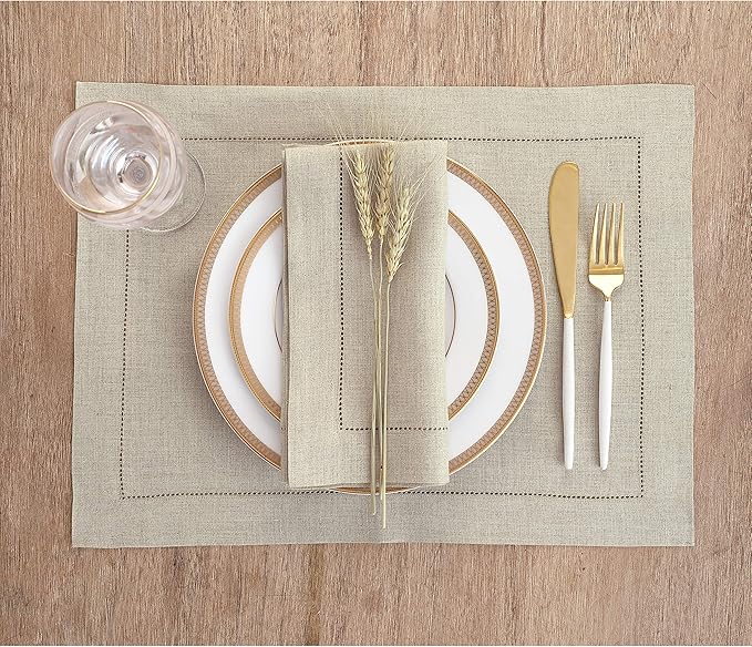Solino Home Linen Placemats Set of 6 - Classic Hemstitch Natural Placemats 14 x 19 Inch - 100% Pure Linen Table Mats for Fall, Autumn, Thanksgiving, Christmas, Holiday