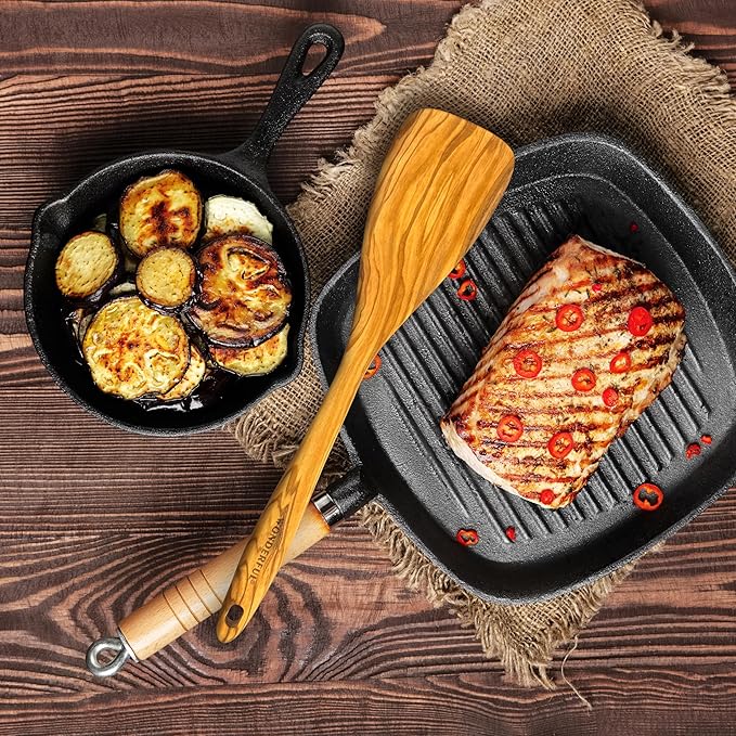 WONDERFUL 4 Pcs Olive Wooden Spoons for Cooking - 13.5 Inch Long, Set with Spatula, Corner Spoon, Slotted Spoon, Spaghetti and Pasta Server with Measurer…