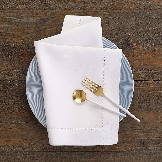 Solino Home White Linen Napkins Set of 6-100% Pure Linen Hemstitch Dinner Napkins 20 x 20 Inch for Fall, Autumn, Winter, Thanksgiving, Christmas, Holiday - Classic Hemstitch