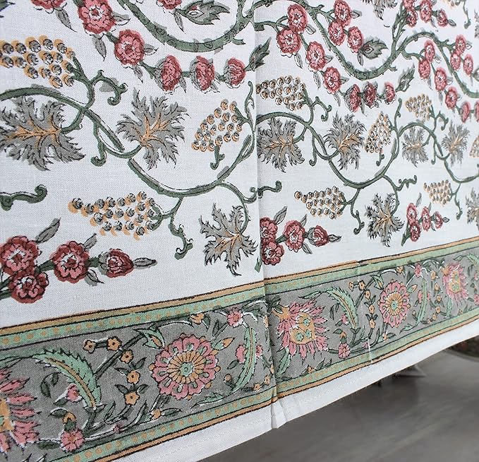 Ridhi Coral Pink Hand Block Print Cotton Rectangle Tablecloth 108 X 60 inches Reusable Table Cover Decorative Everyday Use for Dining Room, Farmhouse, Home, Party, Festive & Wedding, Fall