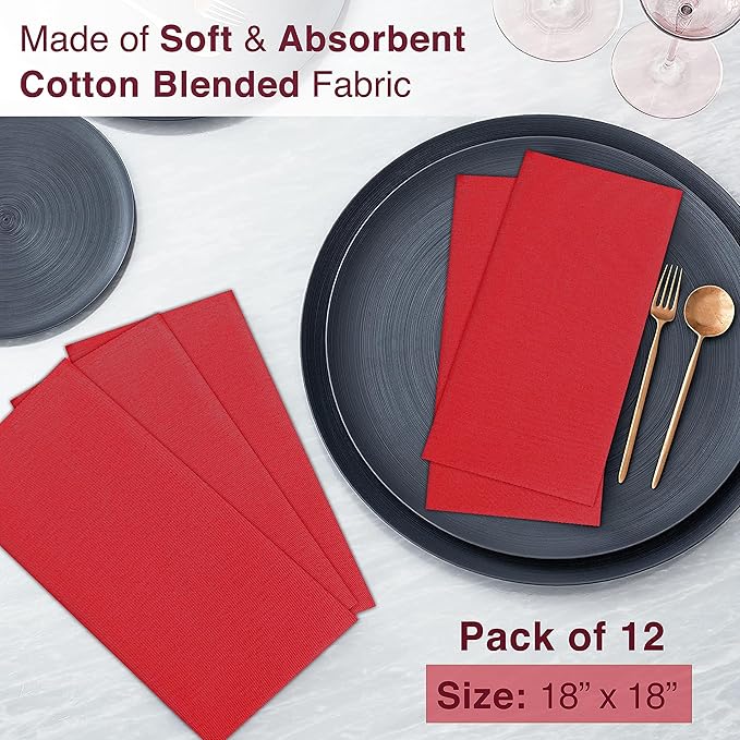 Ruvanti Cloth Napkins Set of 12, 18x18 Inches Napkins Cloth Washable, Soft, Durable, Absorbent, Cotton Blend. Table Dinner Napkins Cloth for Hotel, Weddings, Dinner, Christmas Parties - Red