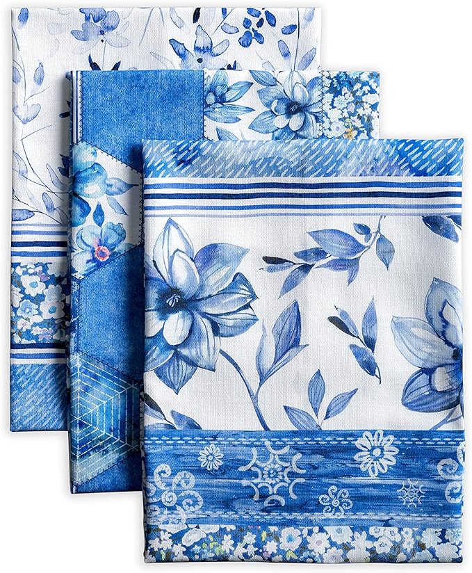 Maison d' Hermine Kitchen Towels Set of 3 100% Cotton 27.50" x 20" Reusable Cloth Tea Dish Towels Absorbent with Hanging Loop for Kitchen, Home, Dining, Cocktail Parties Spring/Summer (Summer Blues)