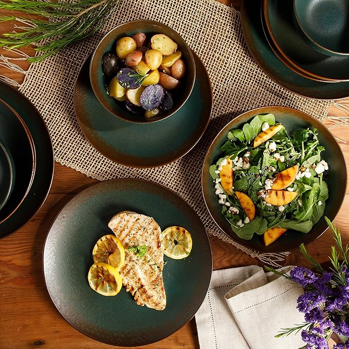 Bloomhouse Palermo Sun Double Bowl Stoneware Reactive Glaze Plates and Bowls Dinnerware Set - Agave Blue, Service for Four (16pcs)