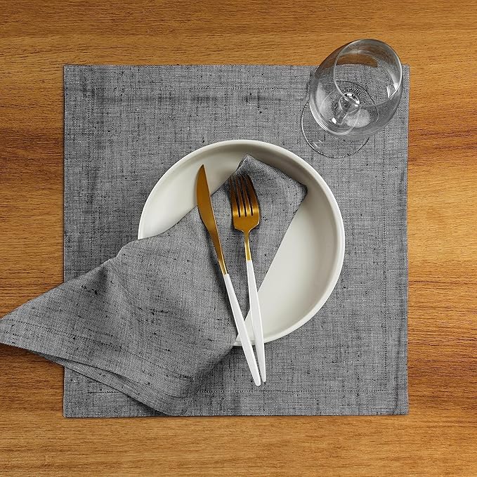 Solino Home Linen Square Placemats Set of 4 - Chambray Black Placemats 14 x 14 Inch - 100% Pure Linen Table Mats for Winter, Thanksgiving - Athena