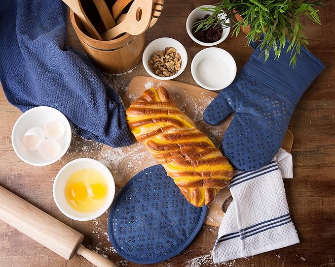 Sticky Toffee Oven Mitt and Pot Holder Set of 3 – Dark Blue Non-Slip Silicone Kitchen Hot Pads and Mitts, 100% Cotton Shell, Oeko-Tex Cotton