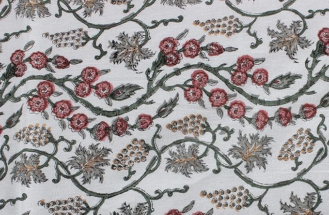 Ridhi Coral Pink Trails Hand Block Print Cotton Rectangle Tablecloth 190 x 72 inches Reusable Table Cover Decorative Everyday Use for Dining Room, Farmhouse, Home, Party, Festive & Wedding, Fall