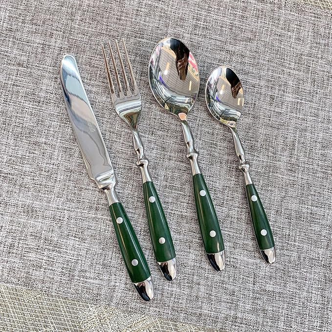 IKXO 20 Pieces Green Gum Wood Handle Silverware Set for 4, Exquisite Ergonomic Flatware Set Food-Grade Stainless Steel Cutlery Set, Tableware Eating Utensils, Mirror Finished, Dishwasher Safe…
