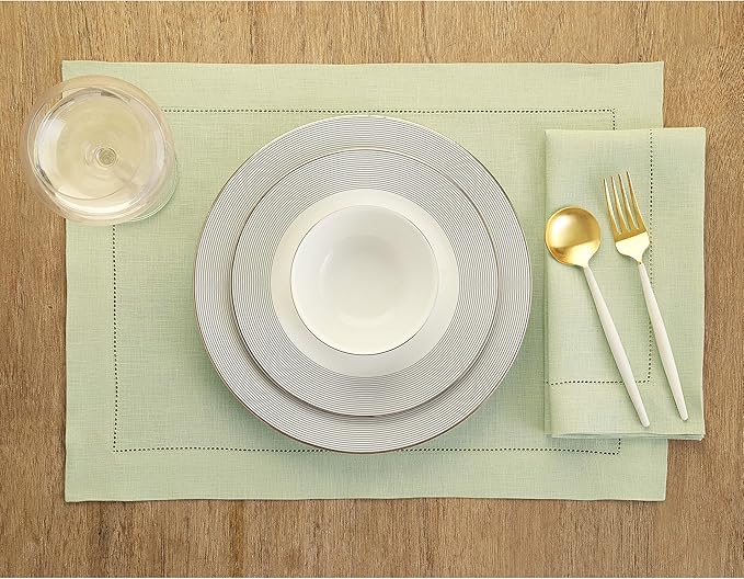 Solino Home Linen Cloth Placemats Set of 6-100% Pure Linen Hemstitch Sage Green Placemats 14 x 19 Inch - Classic Hemstitch Table Place Mats for Fall, Autumn, Thanksgiving, Christmas, Winter