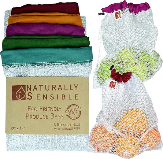 The Original Eco Friendly See Through Washable and Reusable Produce Bags - Soft Premium Lightweight Nylon Mesh Large - 12x14in - Set of 5 (Red, Yellow, Green, Blue, Purple)