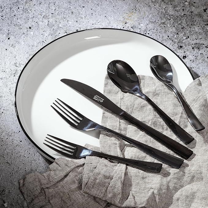 Gibson Elite Holland Road 20-Piece Flatware Silverware Set - Stainless Steel Utensils - Forks, Spoons, Knives -Service for 4 - Black (Pack of 4)