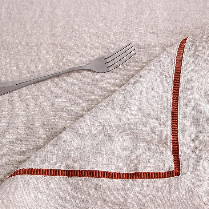 Linen World Hemstitch Linen Tablecloth, 100% Natural French Flax, 60x108Inch Handcrafted Natural-Rust Linen Table Cloth, Tabletop Decoration, Table Cloths for Kitchen, Dining, Daily Use