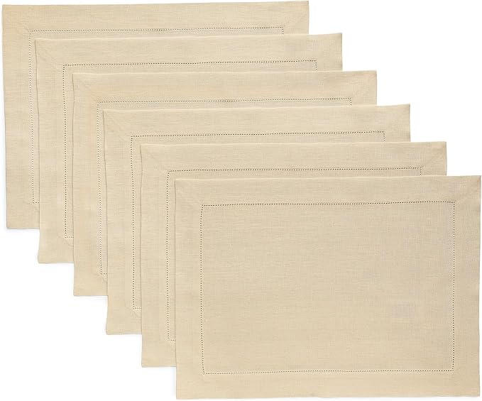 Solino Home Linen Cloth Placemats Set of 6-100% Pure Linen Hemstitch Beige Placemats 14 x 19 Inch - Classic Hemstitch Table Place Mats for Fall, Autumn, Thanksgiving