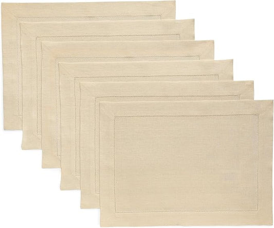 Solino Home Linen Cloth Placemats Set of 6-100% Pure Linen Hemstitch Beige Placemats 14 x 19 Inch - Classic Hemstitch Table Place Mats for Fall, Autumn, Thanksgiving