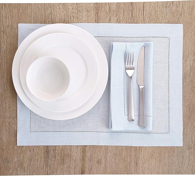 Solino Home Linen Cloth Placemats Set of 6-100% Pure Linen Hemstitch Light Blue Placemats 14 x 19 Inch - Classic Hemstitch Table Place Mats for Christmas, Winter