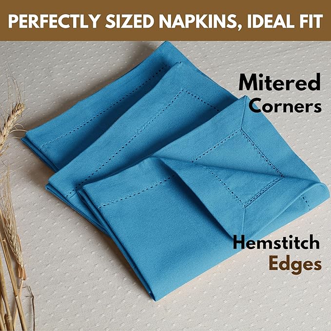 Native Fab Set of 4 Cotton Cloth Napkins, 18x18 inch, Hemstitch Mitered Corners, Soft, Absorbent, Durable Fabric, Reusable Linen Napkins for Wedding, Lunch, Dinner, and Everyday Use - Turquoise Blue