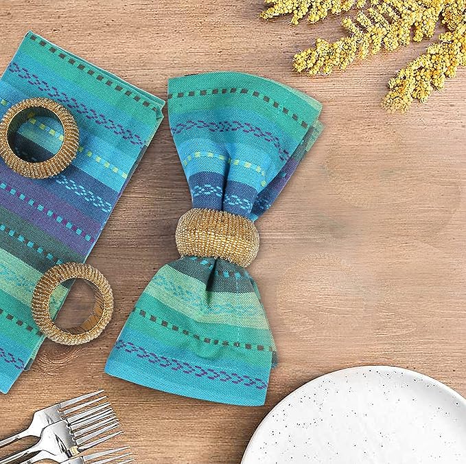 Multi Color Cotton Hemstich Napkin, Decorative Cocktail Machine Washable Dinner Napkin with Mitered Corner for Wedding Christmas Everyday Use - Pack of 12-18x18 Inch - Green Blue Multi