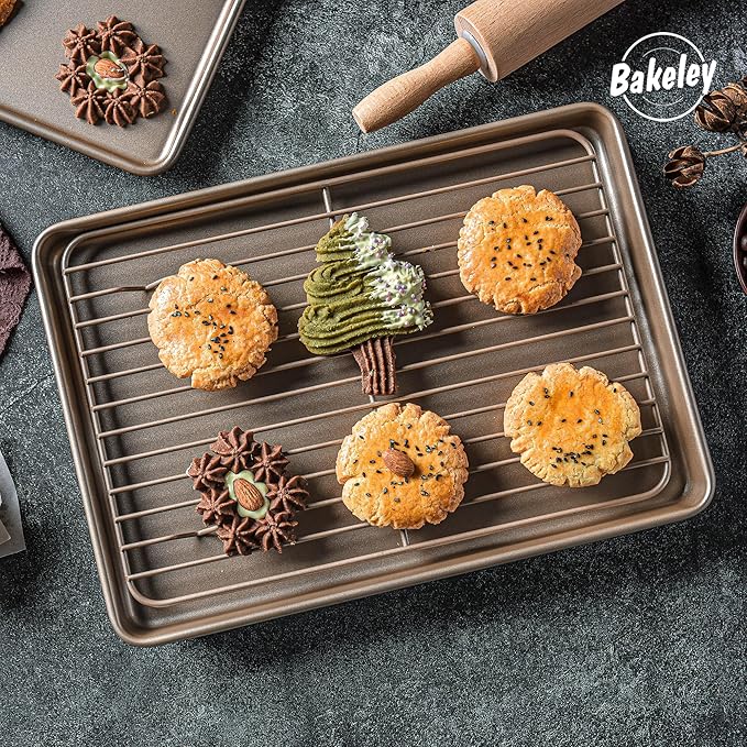 13-inch Baking Sheet Pan with Rack, Non-Stick Rectangular Shallow Dish Sheet Pan with Wire Rack for Oven Baking, BBQ, Jelly Roll and Roasting 13.5" x 9.6" x 1" (Champagne Gold)