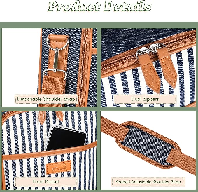 Tirrinia Insulated 2 Bottle Wine Gift Tote Bag - Tumbler Glass Cooler Carrier for BYOB Restaurants, Tasting, Travel, Park, Beach - Great Wine Lover Gift, Denim Stripe