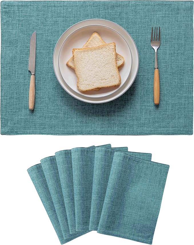 Home Brilliant Linen Placemats Set of 6 Heat Resistant Dining Table Place Mats for Kitchen Table, 13 x 19 inches, Peacock