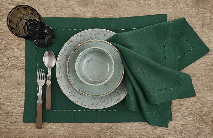 Solino Home Linen Placemats Set of 4 - Classic Hemstitch Rainforest Green Placemats 14 x 19 Inch - 100% Pure Linen Table Mats for Fall, Autumn, Thanksgiving, Christmas, Holiday, Winter