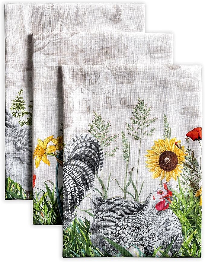 Maison d' Hermine Kitchen Towels Set of 3 100% Cotton 27.50" x 20" Reusable Cloth Tea Dish Towels Absorbent with Hanging Loop for Kitchen, Home, Dining, Cocktail Parties Spring/Summer (Basse Cour)