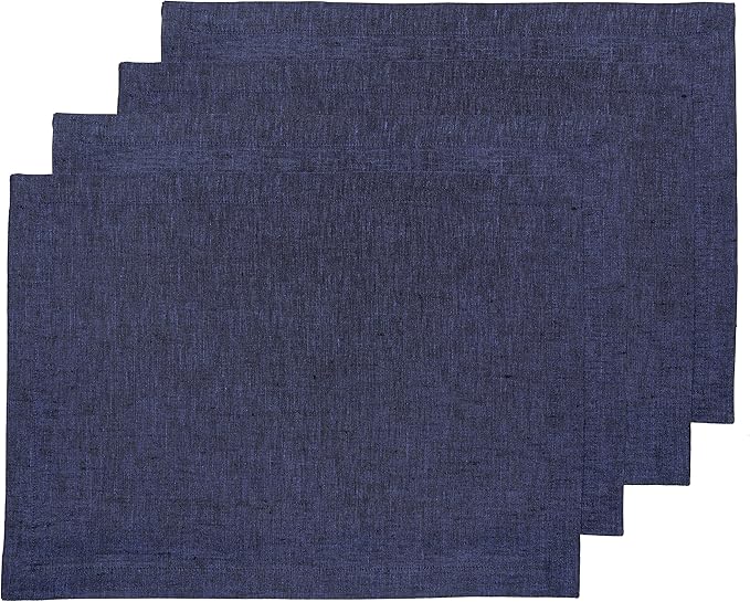 Solino Home Linen Cloth Placemats Set of 4-100% Pure Linen Chambray Navy Placemats 14 x 19 Inch for Fall, Autumn, Thanksgiving, Christmas, Holiday, Winter - Athena