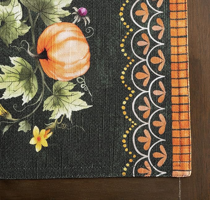 Maison d' Hermine Placemats Set of 4 100% Cotton Washable Cloth Place Mats, Reusable Table Mats for Thanksgiving Christmas Decorations Kitchen Dining Party (Pumpkin Garden - Dark Green, 13" x 19")