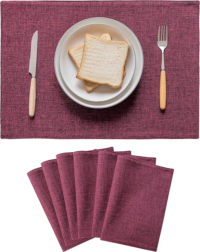 Home Brilliant Red Placemats for Holiday Linen Placemats Heat Resistant Dining Table Mats Kitchen Place Mats Dinner Christmas Decor, Set of 6, Wine Red