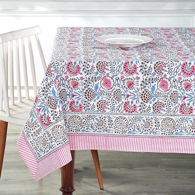 Ridhi Pigeon Blue Hand Block Print Cotton Rectangle Tablecloth 190 x 72 inch-Reusable Table Cover Decorative Everyday Use for Dining Room, Farmhouse, Thanksgiving, Christmas Wedding, Fall