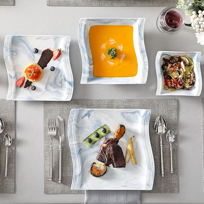 MALACASA Plates and Bowls Sets, 26 Piece Blue Dinnerware Sets for 6, Porcelain Dinner Set with Set, Dishes, Cereal Serving Platters, Kitchen Plate Bowl Series FLORA, 26 Piece(Service for 6)