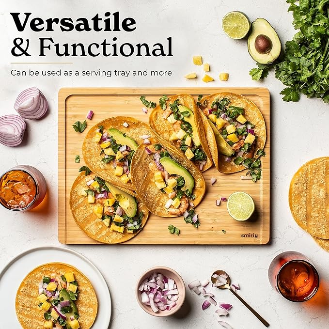 SMIRLY Large Bamboo Cutting Board for Kitchen: Large Bamboo Cutting Board with Juice Groove, Wooden Cutting Boards for Kitchen, Butcher Block Cutting Board Wood