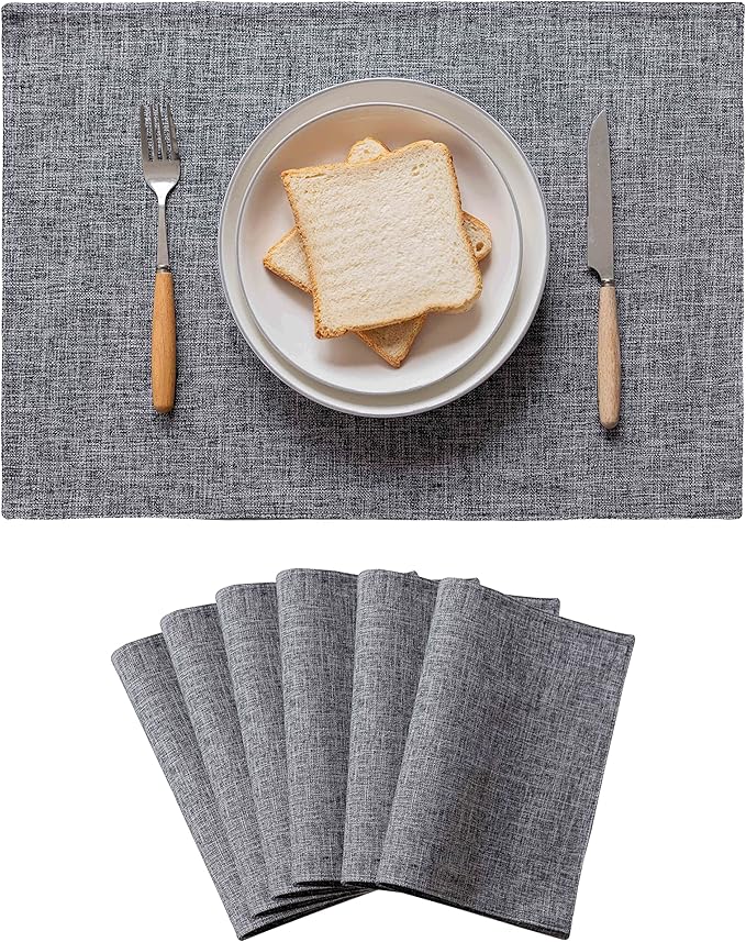 Home Brilliant Linen Placemats Set of 6 Heat Resistant Washable Placemats for Parties Buffet Dinner, 13 x 19 inches, Ash Grey