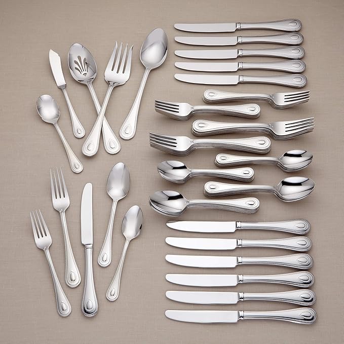 Lenox Silverware Set For 12, French Perle 65-Piece Flatware Set with Serving Utensils, Service For 12, Elegant 18/10 Stainless Steel Utensils with Beading, Knives Spoons & Forks (Silver, 65 Piece)