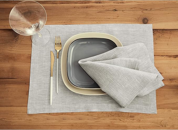 Solino Home Linen Placemats Set of 6 - Oyster Grey Placemats 14 x 19 Inch - 100% Pure Linen Table Mats for Fall, Autumn, Thanksgiving - Athena