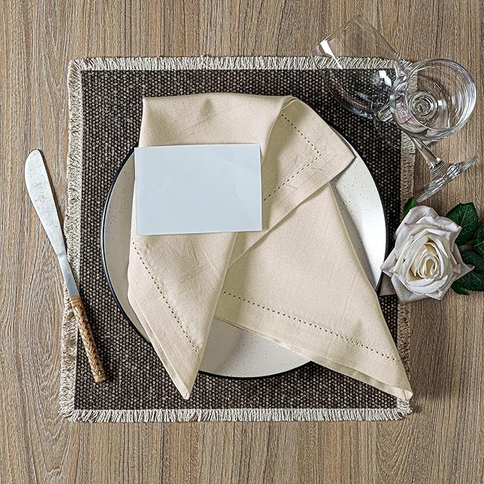 Hausattire Cloth Dinner Napkin Flax Fall Hemstitched Mitered Corner 20x20 Inch Natural Thanksgiving Decorative Soft Durable Table Linen Napkins Ideal for Halloween, Christmas, Cocktail Parties