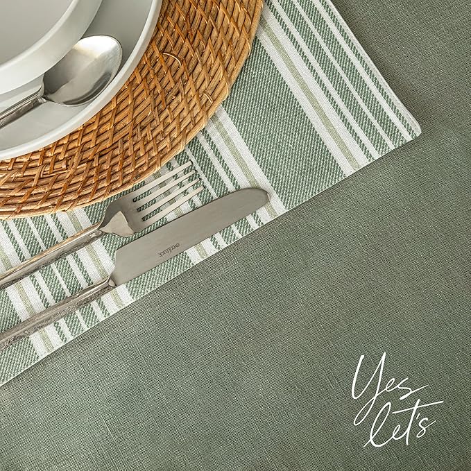 over&back 100%-Linen Woven Tablecloth - Colorful Dining Room Table Cover - Mitered Corner Hems - Machine Washable - Kitchen and Home Decor - Green - 70x108