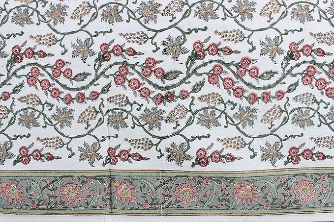Ridhi Coral Pink Hand Block Print Cotton Rectangle Tablecloth 108 X 60 inches Reusable Table Cover Decorative Everyday Use for Dining Room, Farmhouse, Home, Party, Festive & Wedding, Fall