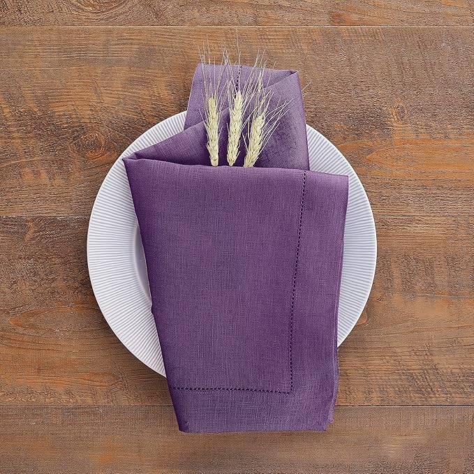 Solino Home Purple Linen Napkins Set of 6-100% Pure Linen Hemstitch Dinner Napkins 20 x 20 Inch for Fall, Autumn, Thanksgiving, Christmas - Classic Hemstitch