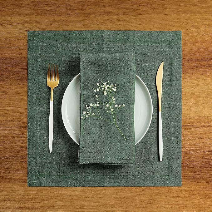 Solino Home Linen Square Placemats Set of 4 - Forest Green Placemats 14 x 14 Inch - 100% Pure Linen Table Mats for Fall, Autumn, Thanksgiving, Christmas, Winter - Athena